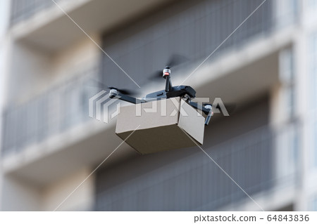 New drone with package box, delivery service New drone with package box, delivery service 64843836