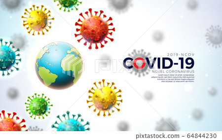 Covid-19. Coronavirus Epidemic Design with Virus Cells and Earth Planet on Light Background. Vector 2019-ncov Corona Virus Illustration Template on Dangerous SARS Outbreak Theme for Banner or Flyer. 64844230