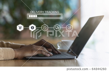 Delivery Tracking. Black Female Checking Shipping Information Of Her Order On Laptop 64844260