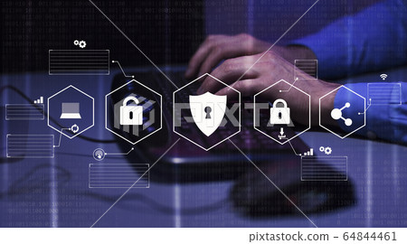 Hacker attack and data breach, cyber background with lock Hacker attack and data breach, cyber background with lock 64844461