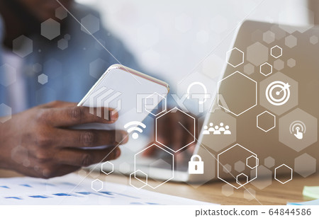Businessman using phone, double exposure infographic panel Businessman using phone, double exposure infographic panel 64844586
