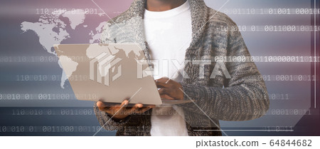 Hacker holding laptop with virtual display server data 64844682