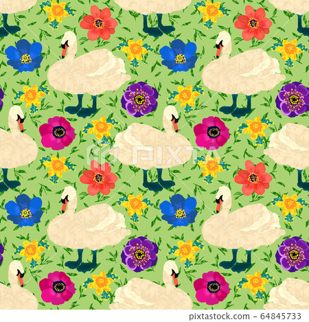 Seamless pattern with swans and flowers, hand 64845733