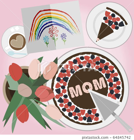 Top view of a festive chocolate cake with berries for mother s day and the inscription mom. Breakfast table with coffee, a bouquet of red and pink tulips and a children s greeting card for mom 64845742