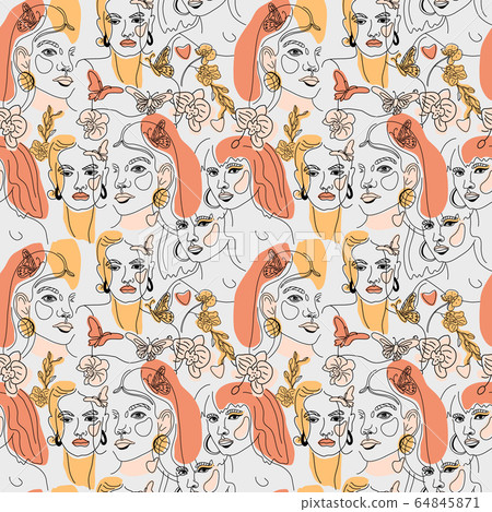 Seamless Pattern of Womans Face Minimal Line Style ol-line drawing. Abstract Contemporary color collage of geometric shapes in a modern trendy style. Vector female Portrait. Beauty Concept, t-Shirt 64845871