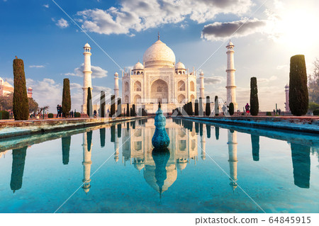 Taj Mahal and its reflection, famous view of Taj Mahal and its reflection, famous view of 64845915