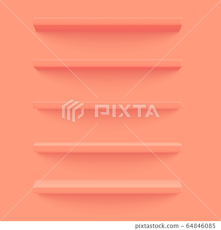 Pink 3d shelf on the wall. Wooden horizontal realistic empty shelf.Vector illustration 64846085