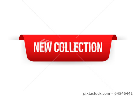 New collection ribbon on red background. Sale 64846441