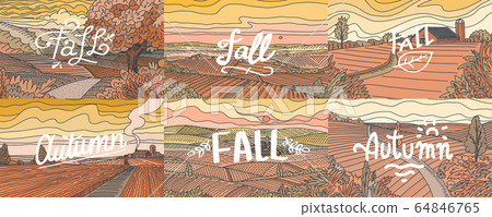 Rural Mountain landscapes. Farm fields set. Agriculture and Vineyard. Green hill and meadow, country 64846765