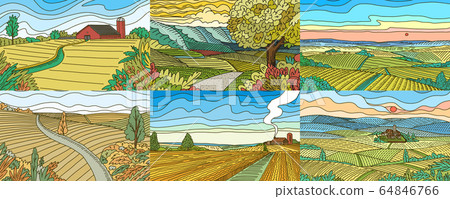 Rural Mountain landscapes. Farm fields set. Agriculture and Vineyard. Green hill and meadow, country Rural Mountain landscapes. Farm fields set. Agriculture and Vineyard. Green hill and meadow, country 64846766