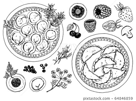 Traditional Russian food. Dumplings in a plate and seasoning. Moscow cuisine. Raspberries and Traditional Russian food. Dumplings in a plate and seasoning. Moscow cuisine. Raspberries and 64846859