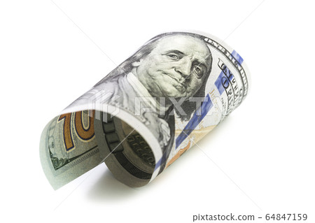 Isolated curled hundred dollars note Isolated curled hundred dollars note 64847159