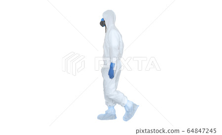 Virologist man in protective costume walking in and out on white background. 64847245