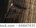 Aerial top view of tractor plows the field in sunset, sunrise, raising dust, and behind it fly birds. Farm tractor with harrow plow preparing land for sowing. Agriculture industry, cultivation of land 64847435
