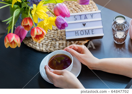 Female hands holding cup of hot tea drink sitting Female hands holding cup of hot tea drink sitting 64847702