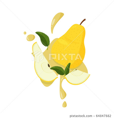 Fresh yellow pear with green leaf. Pear fruit... - Stock Illustration ...