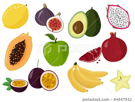 Fresh fruits vector collection. Set of sweet fruits. Lemon, papaya, dragon fruit, pomegranate, passion fruit, banana, star fruit and apple. 64847932