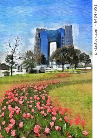 禦台場 鬱金香花和東京都江東區符號海濱公園 3月 的酒店 插圖素材 圖庫