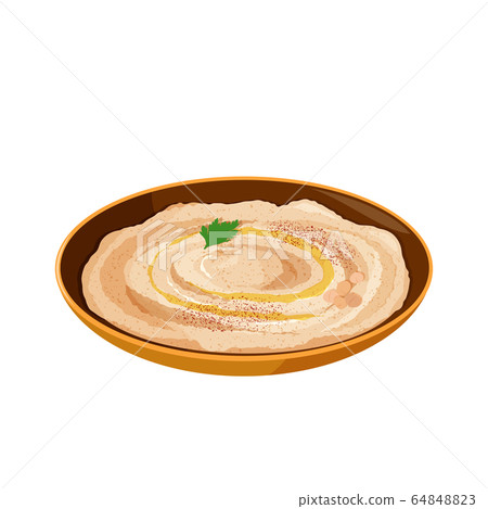 National dish of Jewish cuisine Hummus in ceramic bowl.  64848823
