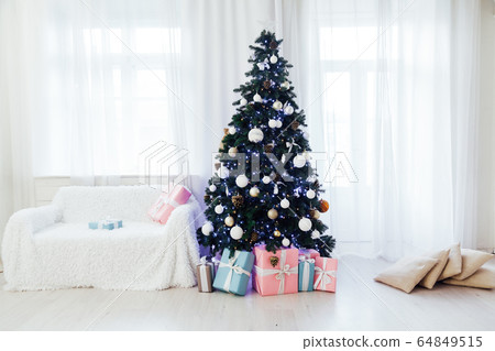 Christmas tree interior presents new year decor festive background 64849515