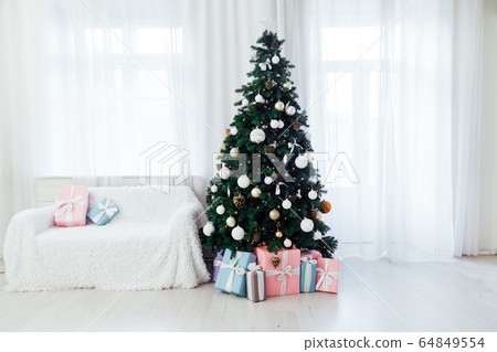 Christmas tree interior presents new year decor festive background 64849554