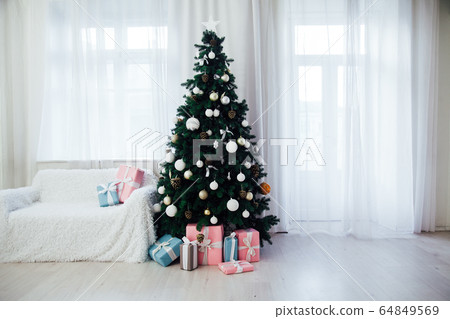 Christmas tree interior presents new year decor festive background 64849569