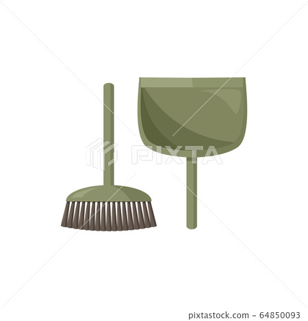 Green broom and dustpan isolated on white background. Simple vector set. Green broom and dustpan isolated on white background. Simple vector set. 64850093