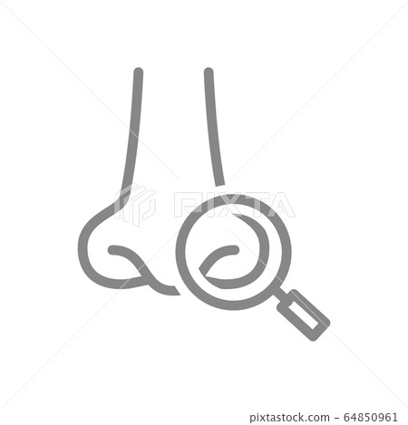 Human nose with magnifying glass line icon. Organ research, disease prevention symbol 64850961