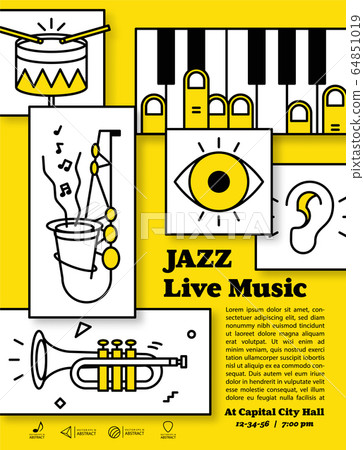 Jazz live music banner poster with ear, eye and instrument saxophone, drum, piano, trumpet, double bass illustration vector. it's like a human face. Jazz music concept. Jazz live music banner poster with ear, eye and instrument saxophone, drum, piano, trumpet, double bass illustration vector. it's like a human face. Jazz music concept. 64851019