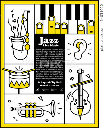 Jazz live music banner poster with ear and instrument saxophone, drum, piano, trumpet, double bass illustration vector. Jazz music concept. Jazz live music banner poster with ear and instrument saxophone, drum, piano, trumpet, double bass illustration vector. Jazz music concept. 64851020