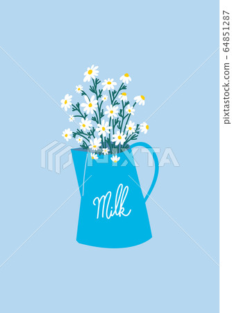 Chamomile daisies bouquet in milk jug. Aesthetic Flowers in vintage pot. Trendy elegant minimal illustration Chamomile daisies bouquet in milk jug. Aesthetic Flowers in vintage pot. Trendy elegant minimal illustration 64851287