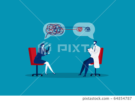 Patient Woman Talking to Primary Care Physician with have noted about her sick. Vector Illustration. Patient Woman Talking to Primary Care Physician with have noted about her sick. Vector Illustration. 64854787