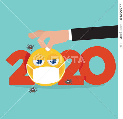 Man Hand Picks Up The Yellow Emoji Wearing a Medical Mask. Man Hand Picks Up The Yellow Emoji Wearing a Medical Mask. 64859577