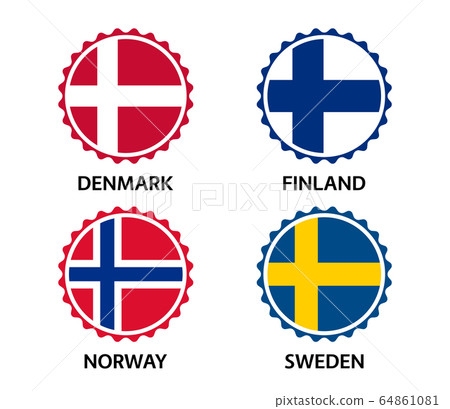 Set of four Danish, Finnish, Norwegian and Swedish stickers. Made in Denmark, Made in Finland 64861081