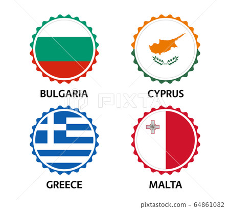 Set of four Bulgarian, Cyprus, Greek and Malta stickers. Made in Bulgary, Made in Cyprus 64861082
