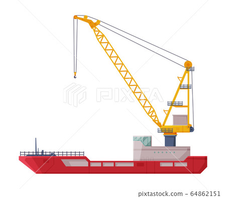 Floating Crane, Industrial Ship, Cargo Transportation Service Vehicle Flat Vector Illustration 64862151