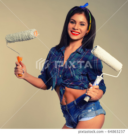 portrait of beautiful young smiling girl with two 64863237