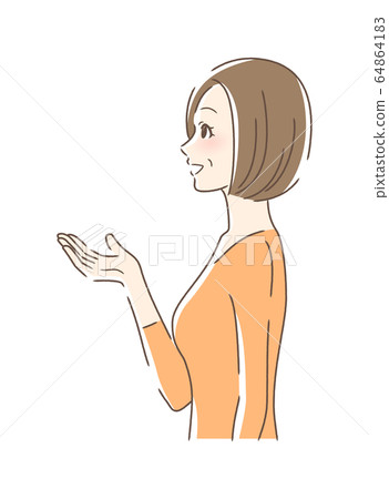 Side profile of a woman smiling and holding out her hand Side profile of a woman smiling and holding out her hand 64864183