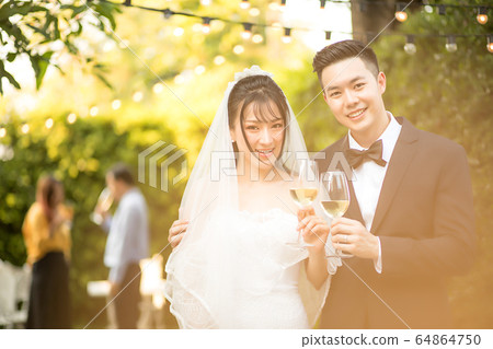 Young couple wedding wedding dress bride groom happy person material celebrating 64864750