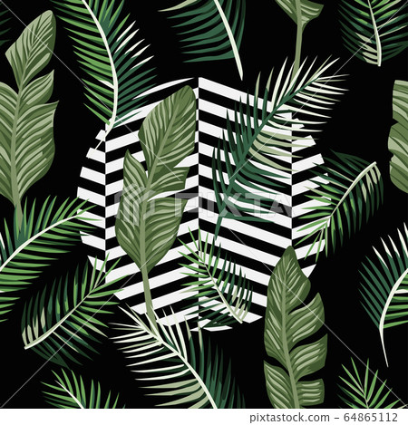 Green leaves seamless black background 64865112