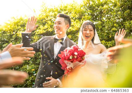 Young couple wedding wedding dress bride groom happy person material celebrating 64865363