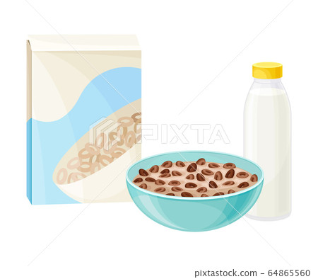 Breakfast Crunchy Cereal Poured in Bowl with Milk or Yogurt Vector Illustration 64865560