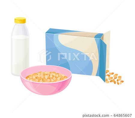 Bowl of Breakfast Cereal with Milk and Bottle Rested Nearby Vector Illustration 64865607