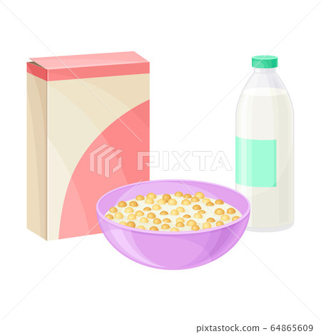 Bowl of Breakfast Cereal with Milk and Bottle Rested Nearby Vector Illustration 64865609