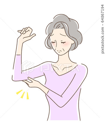 A woman touching his lower arm 64867194