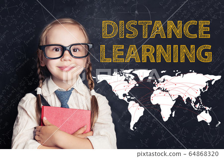 Smart child girl student on blackboard background 64868320