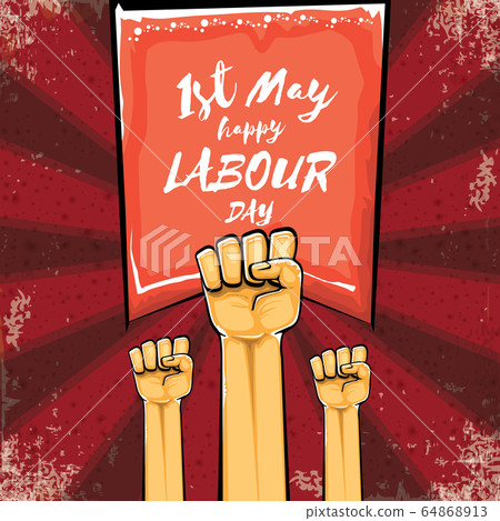 Happy labour day vector label with strong orange hand fist isolated on grunge red background with rays. vector happy labor day background with man hand. red workers may day poster design 64868913