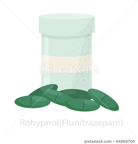 Rohypnol in a jar and green pills. The concept of flunitrozepam 64869700