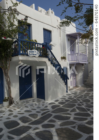 Pretty blue and white houses in Chora, Mykonos, 64870140