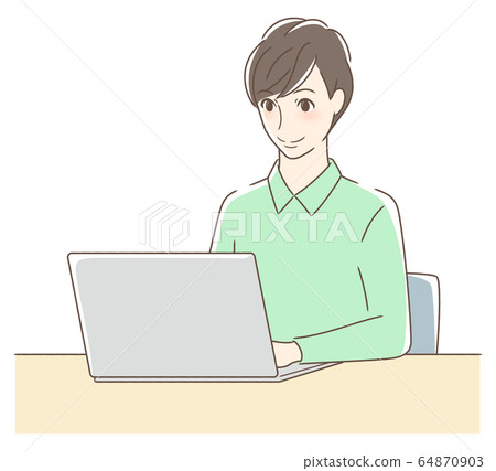 A man smiling by operating a personal computer 64870903